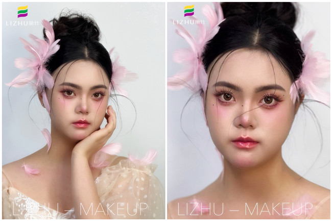 粉色羽毛寫(xiě)真作品，廣西學(xué)化妝操作